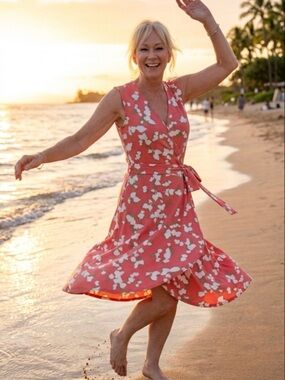 Laundry By Shelli Segal Coral Wrap Dress with White Floral Print